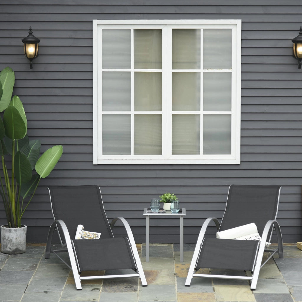 Easycomfort Set 2 Sdraio da Giardino e Tavolino con Vetro, Lettino Prendisole con Tessuto Traspirante 59 x 169 x 66cm, Nero Grigio