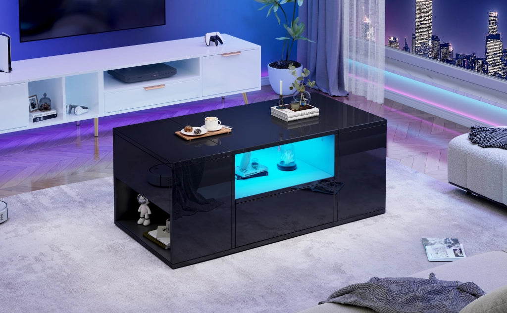 TAVOLINO DA SALOTTO 100 x 50 x 40 cm Nero lucido con LED