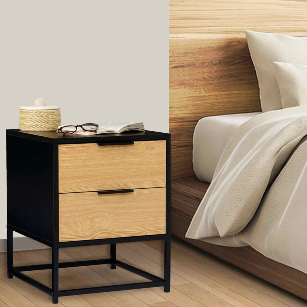 IDMarket - Set di 2 comodini NEVADA, 2 cassetti, design industriale, nero e legno