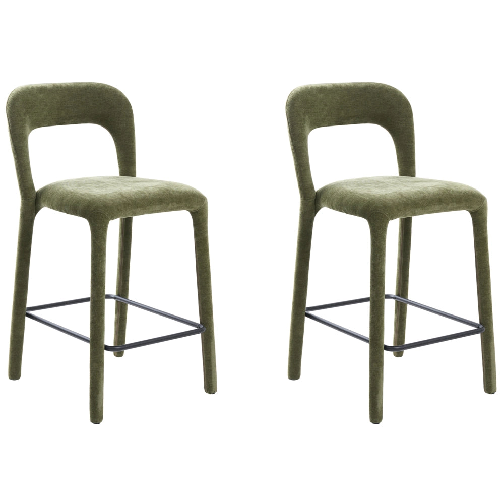 Set di 2 sgabelli da bar in ciniglia, colore verde, completamente imbottiti con schienale curvo, per sala da pranzo