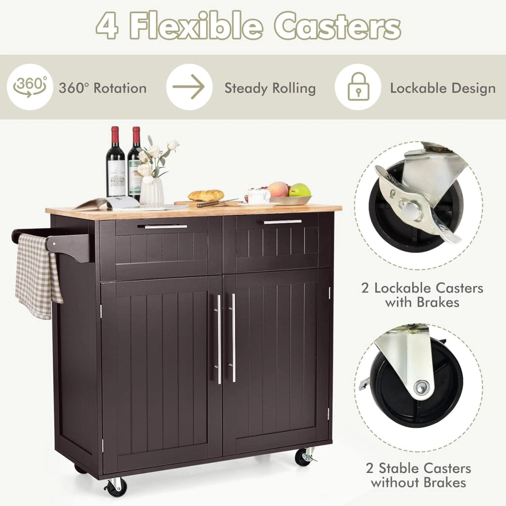 Carrello da Cucina in Legno con Piano di Lavoro, Armadio da Cucina su Ruote, Carrello da Portata con Portasciugamani e 2 Cassetti, Isola da Cucina Mobile, 3 Colori