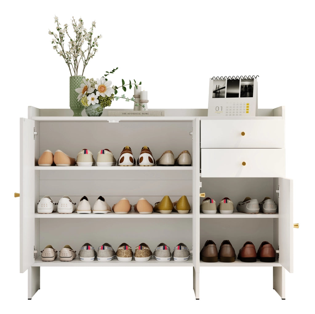 Scarpiera con 3 ante e 2 cassetti, ripiani regolabili, MDF e truciolare, bianca, 120x35x90 cm