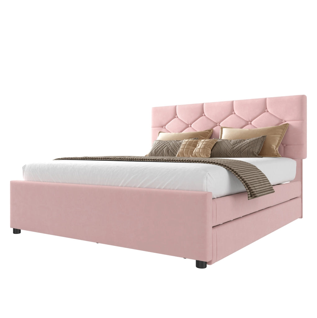 Letto imbottito 140x200 cm con rete a doghe e letto estraibile, rosa