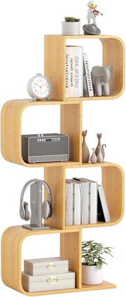 Libreria a 4 Cubi Forma di S, Libreria Bassa Scaffale in Bamboo, Libreria Design Moderna Salvaspazio da Terra, per Soggiorno, Studio e Ufficio, 61 x 23 x 133,5 cm, Naturale (4 Livelli)