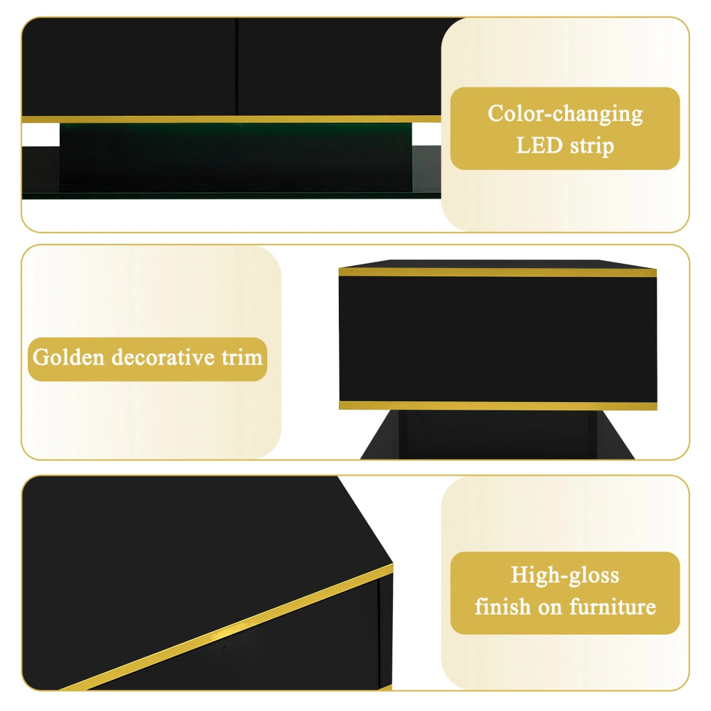 Tavolino da salotto con 3 Cassetti e 1 Vano aperto con LED; Decorazione dorata; in Truciolare; Nero