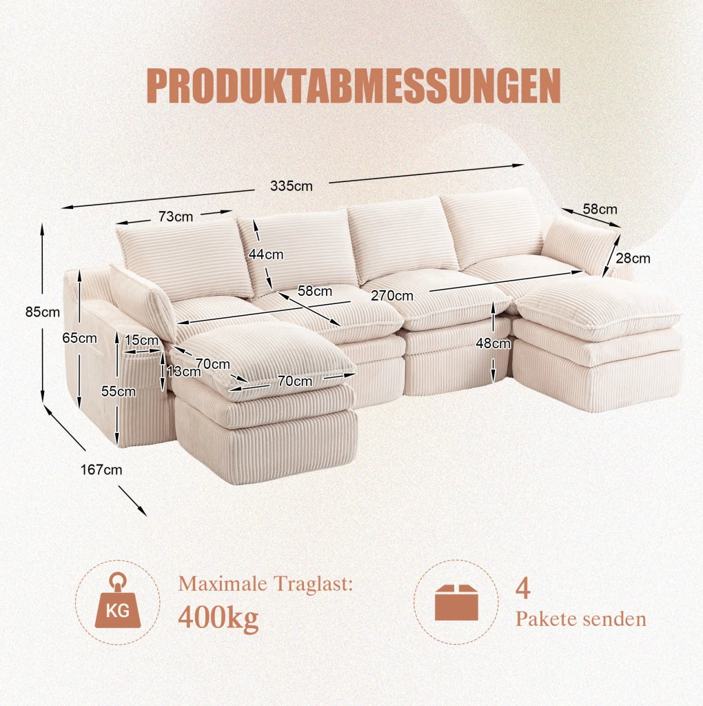 Divano modulare ULEVR 335x167x85 cm in velluto a coste beige con tasche laterali e molle interne
