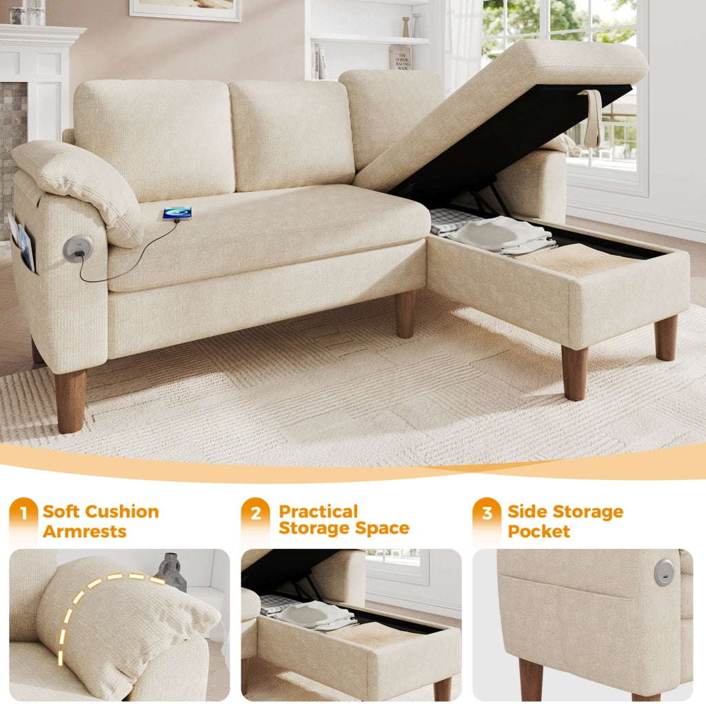 Divano angolare a L 3-4 posti con chaise longue reversibile; USB e Type-C; ciniglia beige