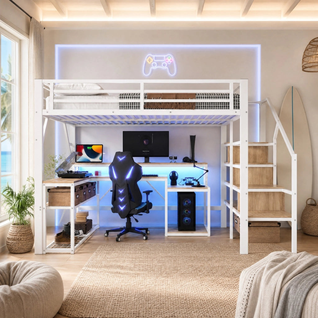 DESMIU Letto a soppalco 2 posti con scrivania, vani portaoggetti, USB e LED regolabile 140 × 200 cm, senza materasso