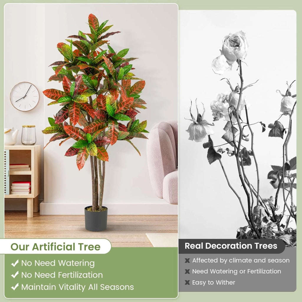 Pianta artificiale Crotone 150 cm, albero in vaso con foglie multicolori in PEVA, tronco in legno massello, muschio realistico, albero crotone finto per soggiorno, ufficio, matrimonio, festa