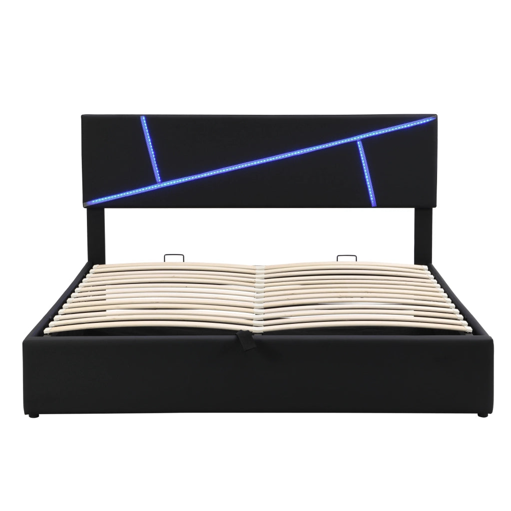 Letto imbottito con LED e contenitore in PU nero