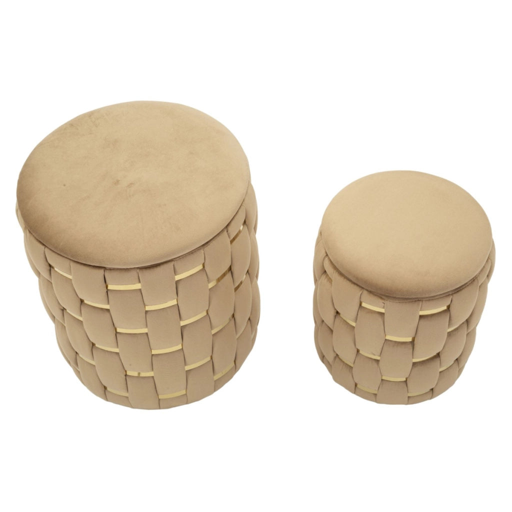 Set 2 pouf contenitore Shanty in velluto oro Ø37x42 e Ø28x35 cm