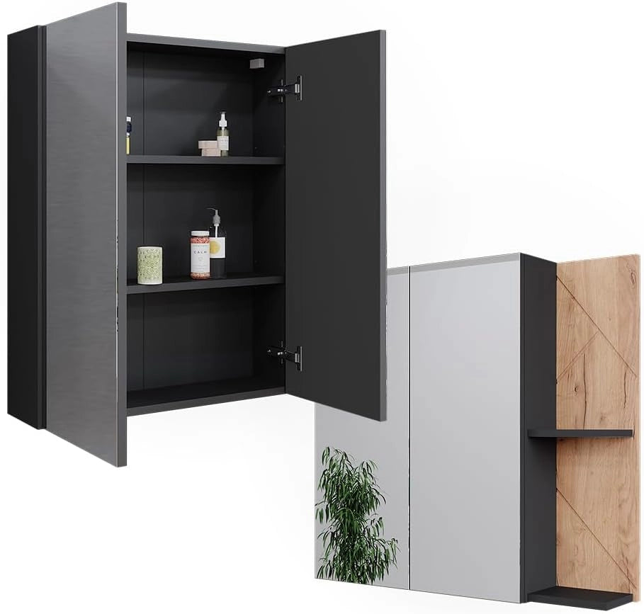Mobile a specchio per bagno Irma, Antracite/quercia dorata, 80 x 75 cm, per montaggio a parete con ripiani aperti e specchio