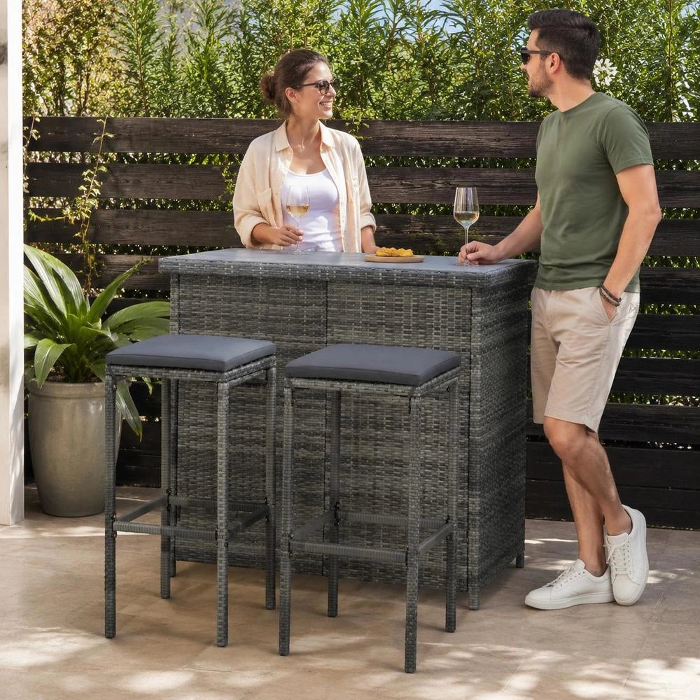 3 Pcs. Bar Set Poly Rattan Gray