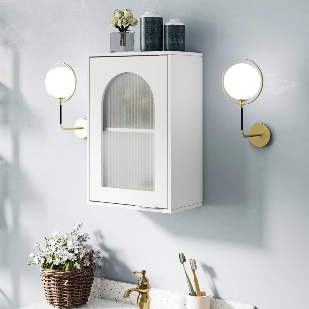 Armadietto da parete per bagno, Armadietto dei medicinali con porta in vetro temperato e ripiano regolabile Bianco-Armadi da parete