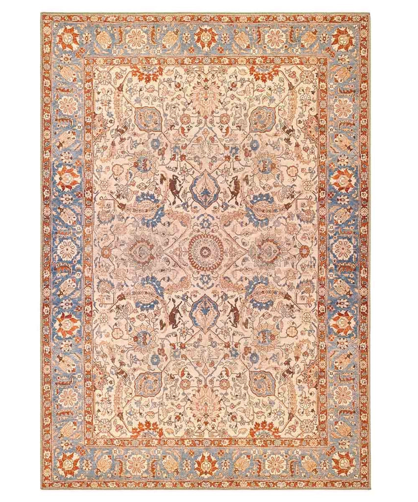 Tappeto arredo casa ORIENTAL KASHAN CREMA AZZURRO cm.190x290 riproduzione disegno persiano classico in stile vintage. Tappeto lavabile per salotto, soggiorno, camera da letto.