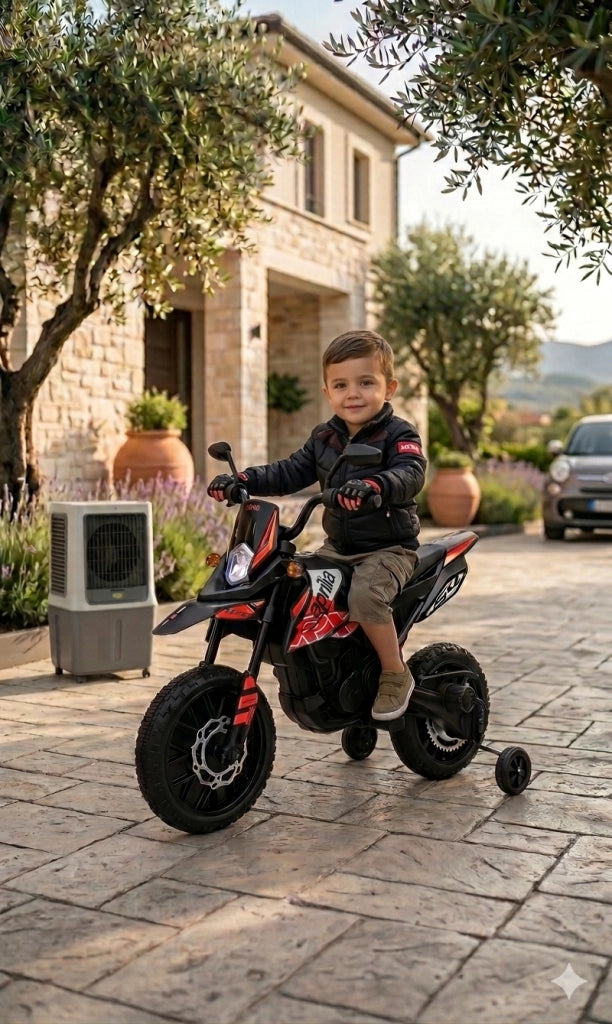 Moto Elettrica per Bambini Aprilia RX-125 Small 12V Cross Sedili In Pelle Luci Led Bluetooth Sospensioni a Molla Rosso