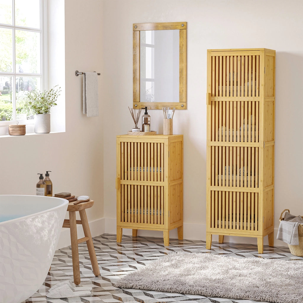 Mobile da bagno in bamb¨´ con ante a doghe e ripiani ¨C zephmum ¨C 40x30x140 cm