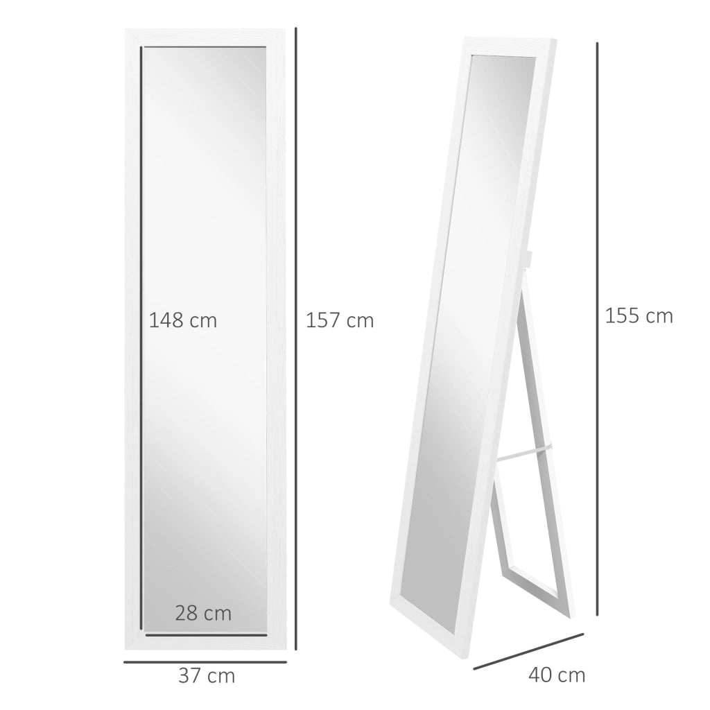 Specchio da Terra con Cornice in MDF con Piedini e Ganci, Specchio Moderno per Utilizzo a Parete, 37x40x155 cm, Bianco e Trasparente