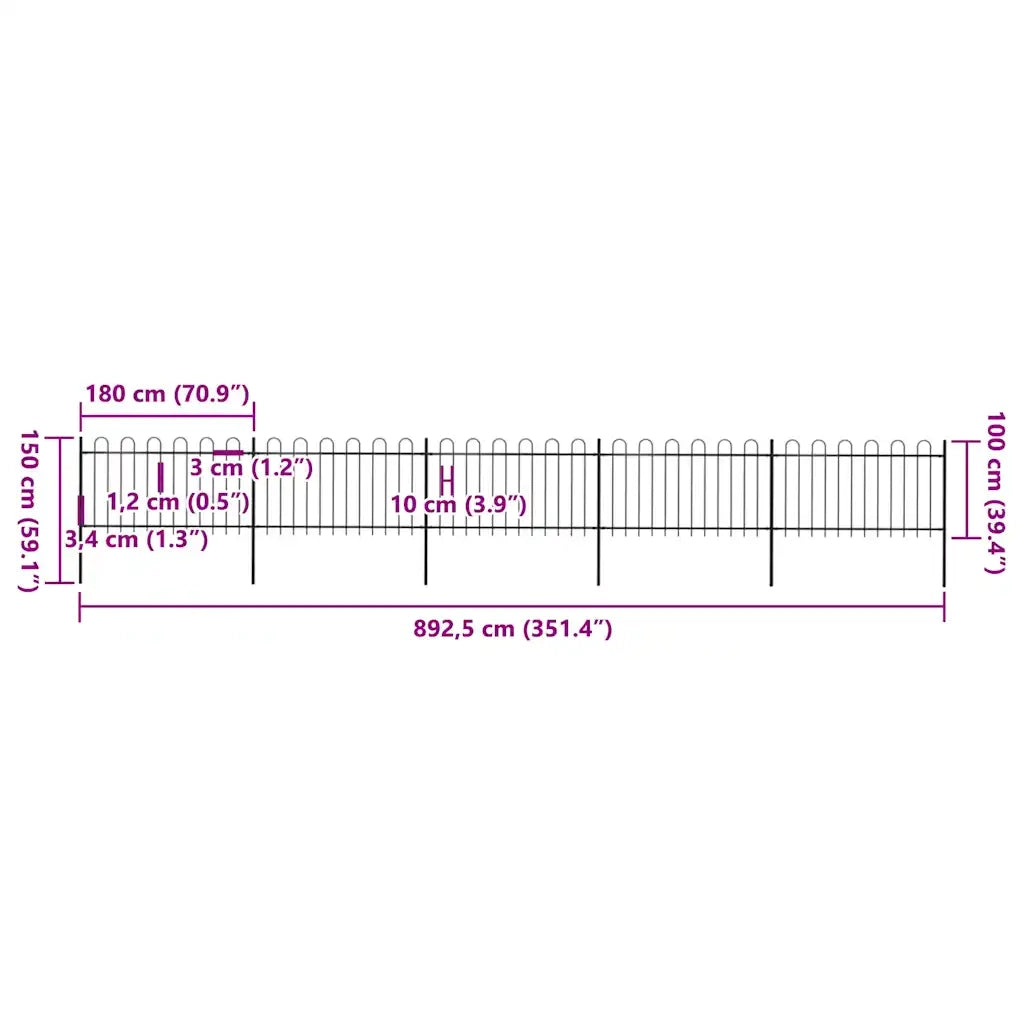 Recinzione da Giardino | Recinzione da cortile con Parte Superiore ad Anello in Acciaio 892,5x100 cm Nero