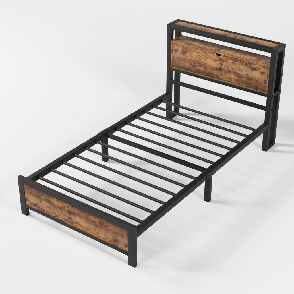 Letto singolo 90x200 cm in metallo e legno con testiera contenitore, struttura industriale, nero