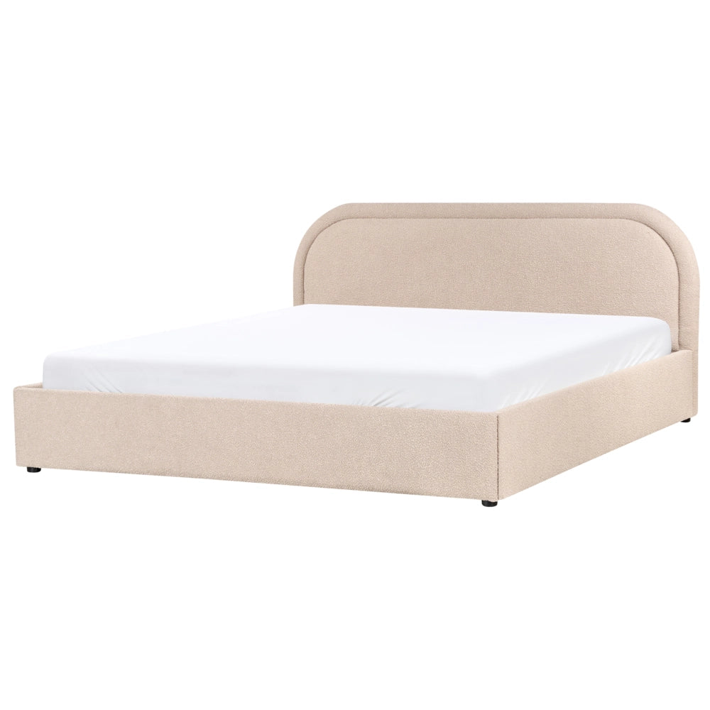 Letto moderno con contenitore e testata imbottita in bouclé beige chiaro 180 x 200 cm