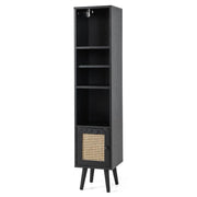 Armadietto boho con porta in rattan gambe in legno massello, Mobile sottile autonomo ripiano regolabile Nero-Librerie