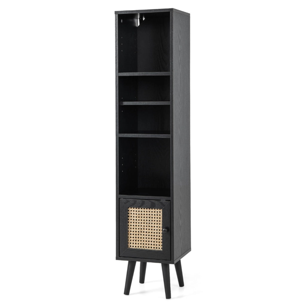 Armadietto boho con porta in rattan gambe in legno massello, Mobile sottile autonomo ripiano regolabile Nero-Librerie
