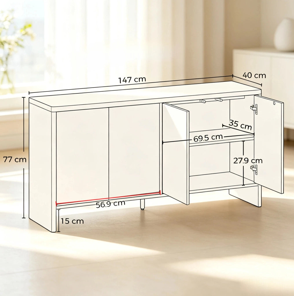 Sideboard 147x40x77 cm in MDF effetto rovere con ripiani regolabili e ante push-to-open