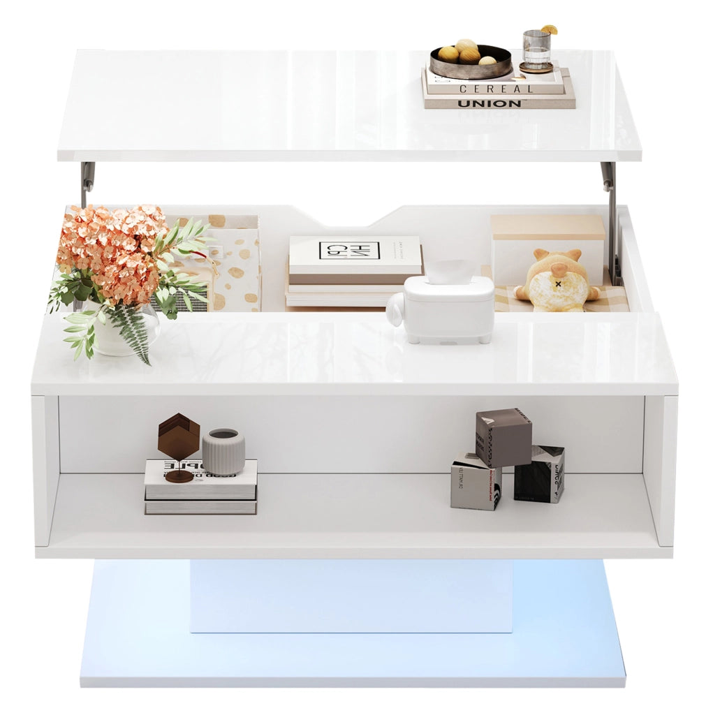 Tavolino da salotto elevabile con LED e vani contenitore; 80 x 75 x 40 cm; bianco
