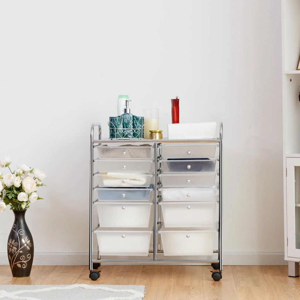 Carrello con 12 cassetti in plastica da ufficio e domestico 74x37x63cm Trasparente-Carrelli