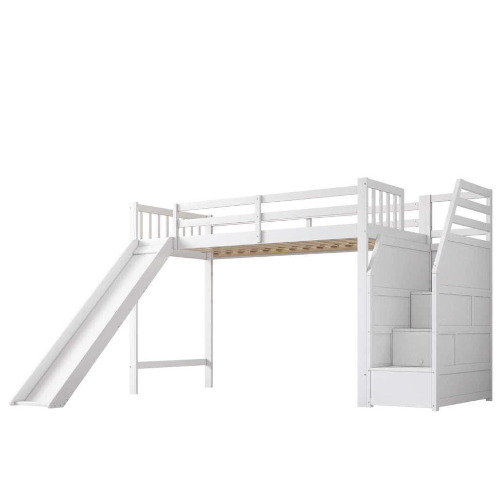 Letto a soppalco per bambini 90x200 cm con scivolo; scala contenitore; bianco