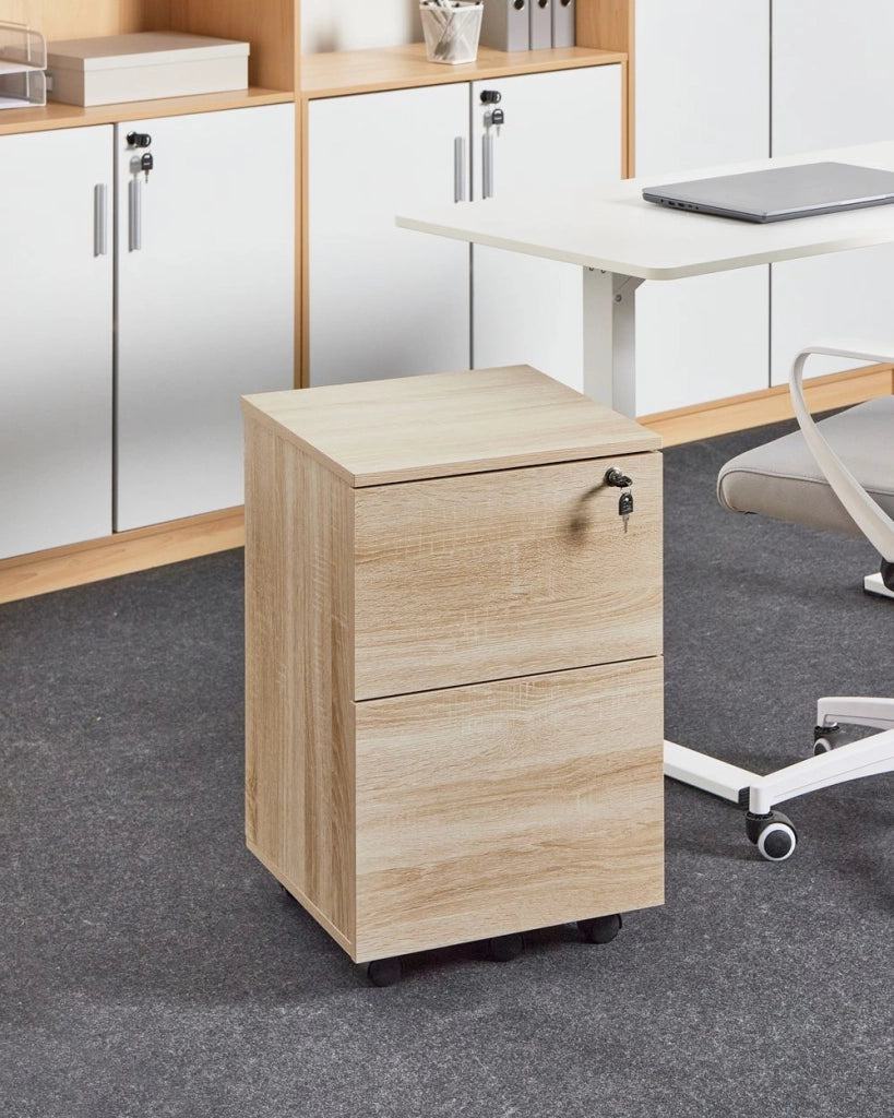 Armadietto in legno massiccio con 2 cassetti e ruote con serratura a chiave legno chiaro design moderno