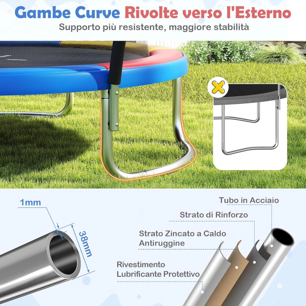 Trampolino Elastico per Bambini e Adulti 244 cm/305 cm/366 cm, Tappeto Elastico da Esterno con Rete di Sicurezza, Scala e Telaio in Acciaio Zincato Antiruggine