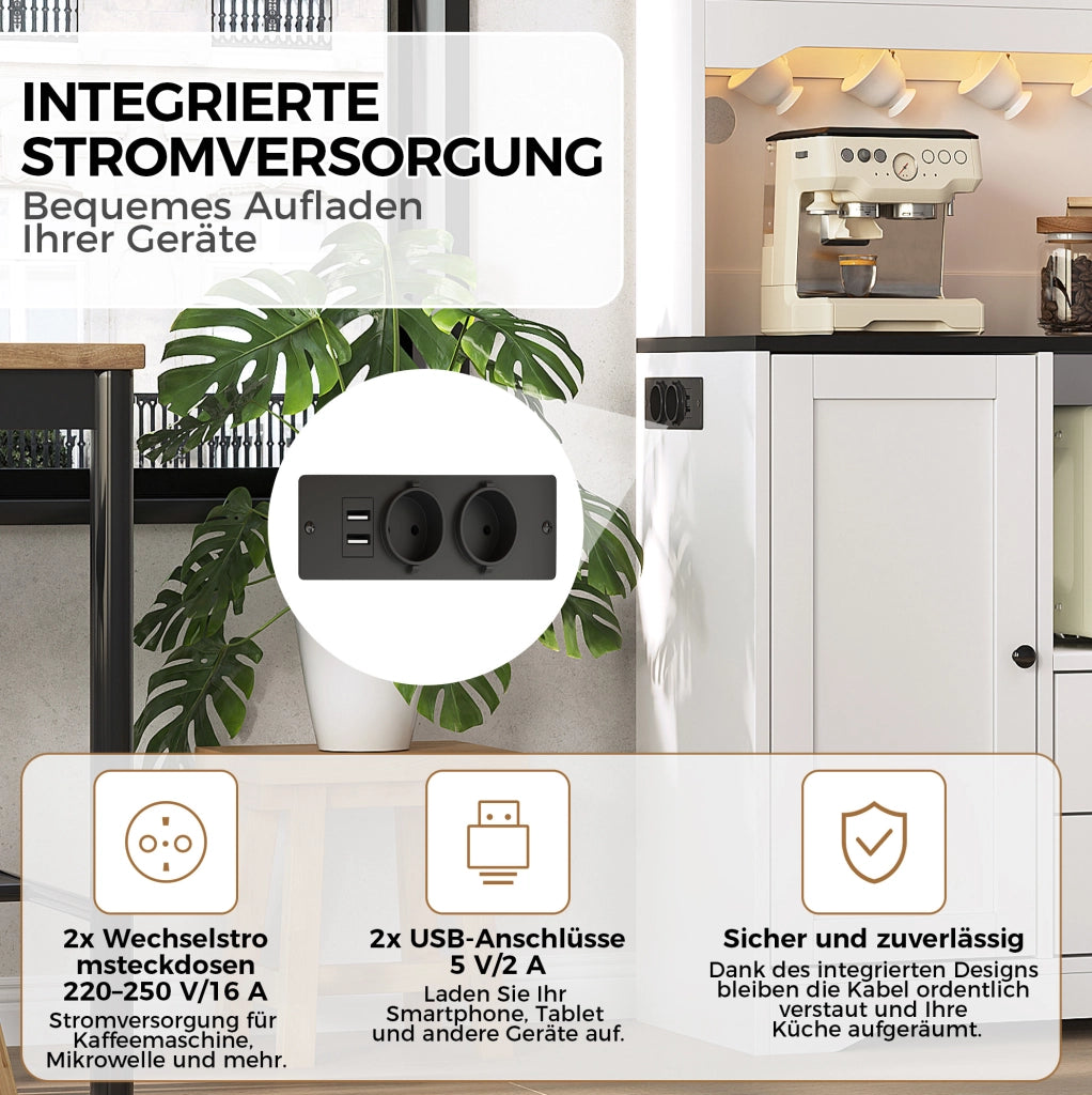 Mobile cucina multifunzione bianco con LED, prese USB e vano microonde