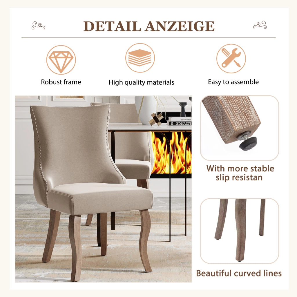 Chaise da pranzo in velluto con schienale capitonné e borchie decorative, gambe in legno massiccio beige