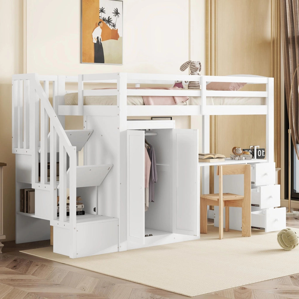 OKWISH Letto a Soppalco 90×200 cm, Letto Singolo con Scrivania, Armadio, 3 Cassetti, Scala Contenitore e Vano a Giorno, senza Materasso, Bianco