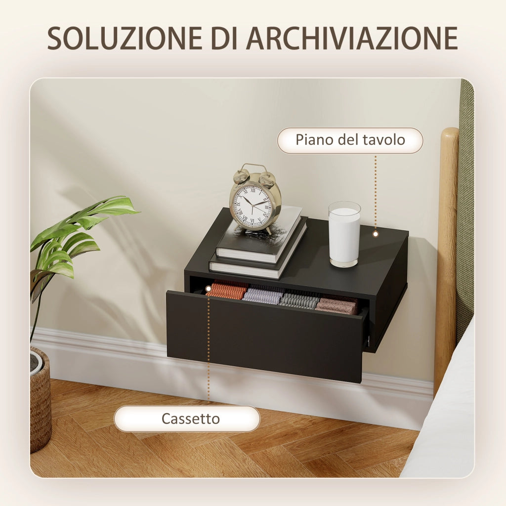 Comodini Sospesi Moderni con Cassetto ¨C zephmum ¨C Legno, Nero, 40x30x15cm