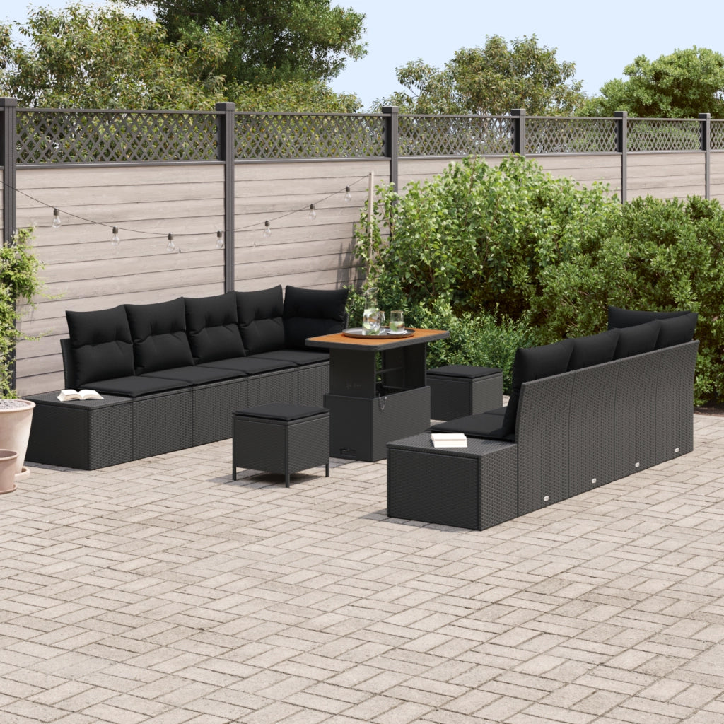 Set Divano da Giardino di 11 Pezzi con Cuscini Polyrattan Nero Acacia