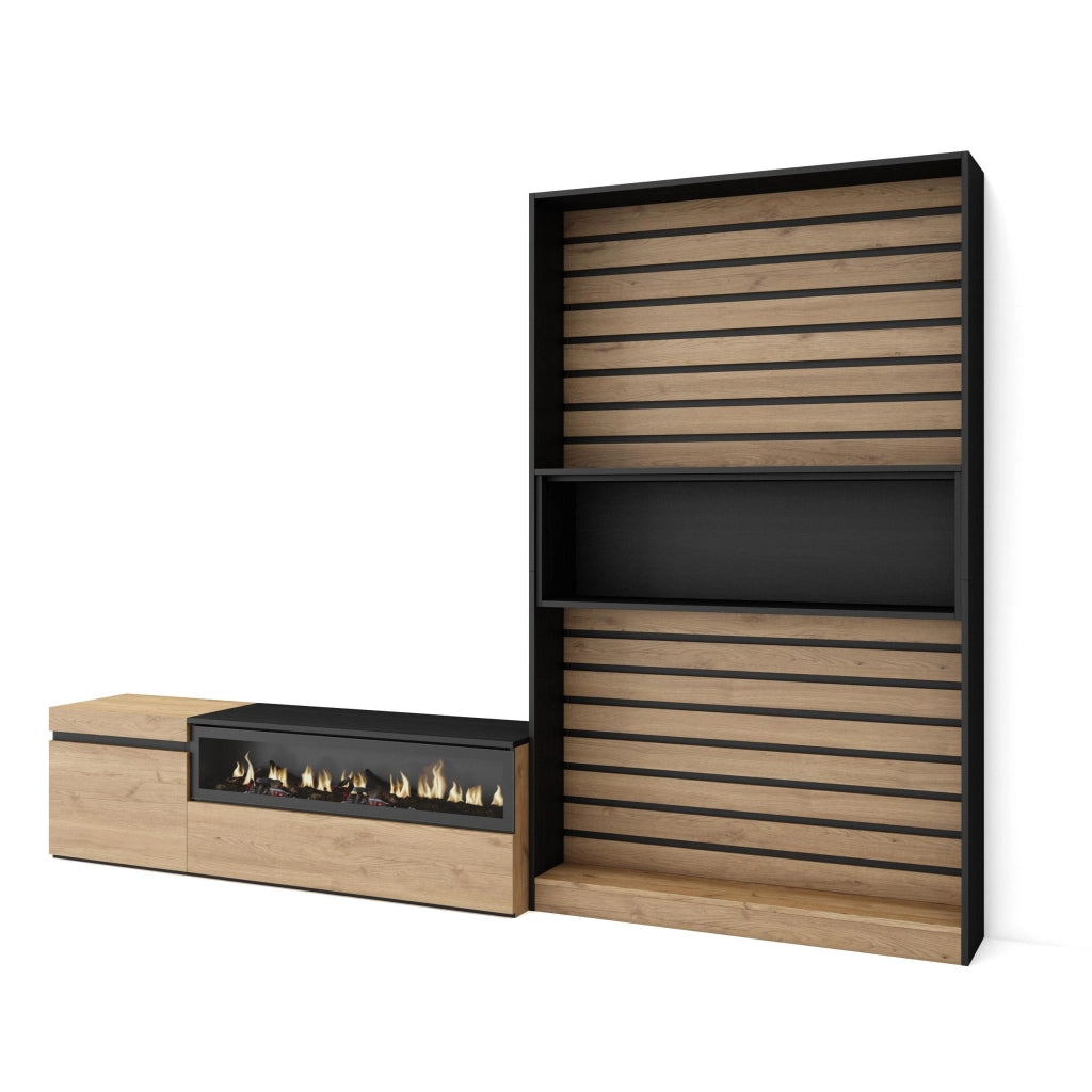 Mobile TV, Soggiorno, 260x35x186cm, Per TV fino a 65", Camino elettrico, colore Rovere e nero RF2539