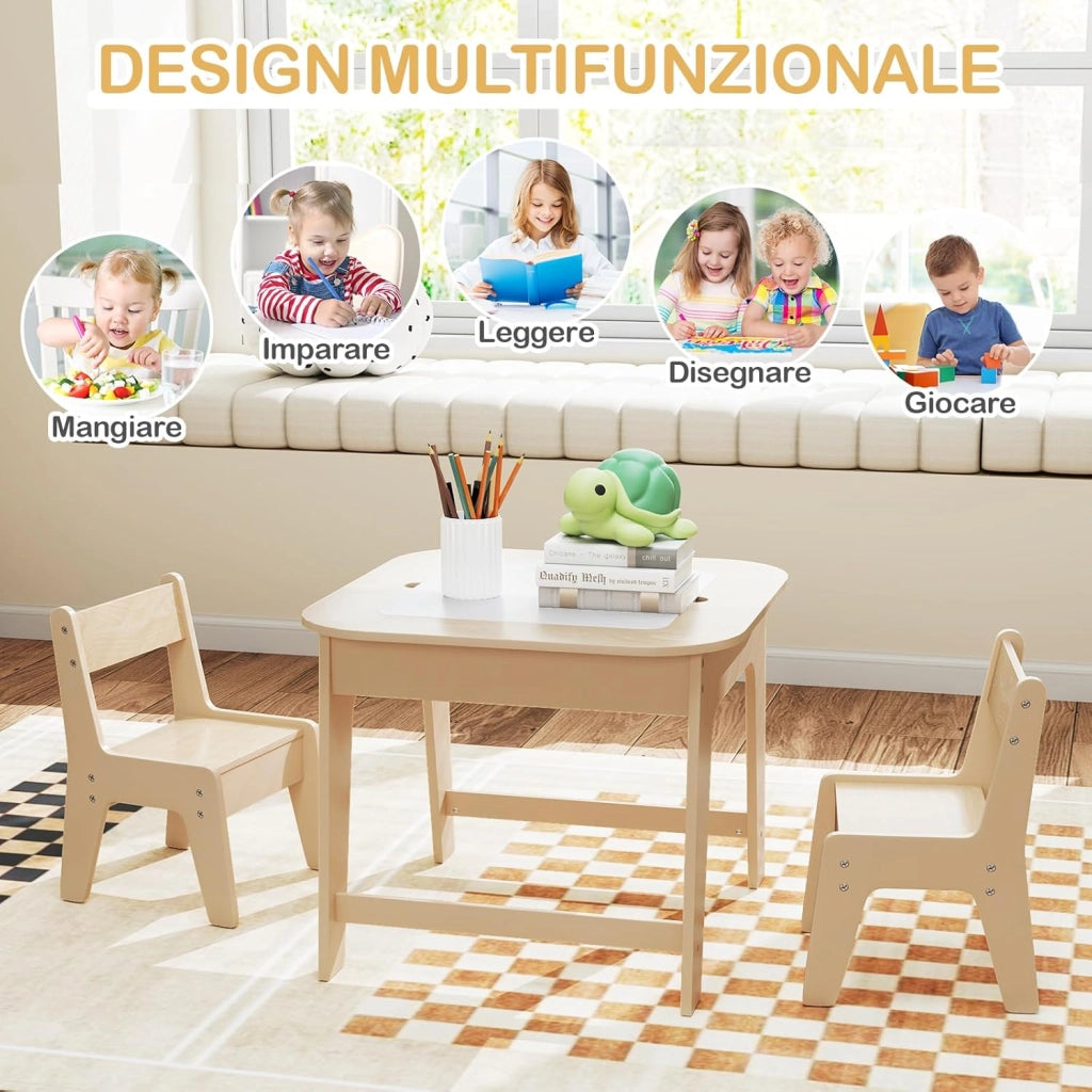 Set Tavolo e 2 Sedie per Bambini, con Lavagna Reversibile, Tavolo Multiattività con Vano Portaoggetti Nascosto e Sedie, per Bambini da 3-6 Anni, per Cameretta e Soggiorno (Giallo)