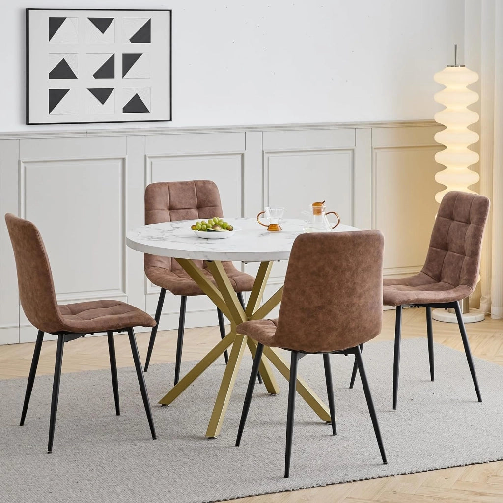 GrandCA HOME Set Tavolo e Sedie da Pranzo, 4 Sedie da Pranzo in Pelle Tecnica Marrone Chiaro e un Tavolo da Pranzo Rotondo Moderno da 100 cm, adatti per Cucina e Soggiorno (Marmo Bianco 1)