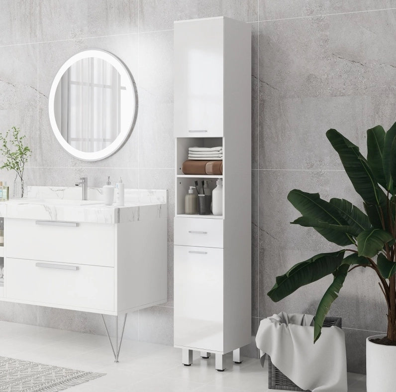 Mobile bagno alto bianco con ripiani regolabili e cassetto