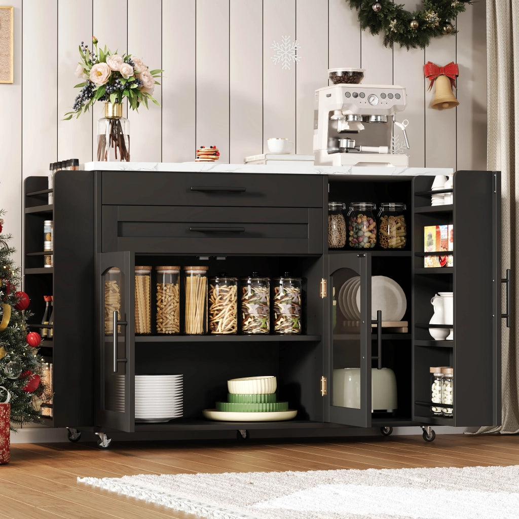 Carrello cucina mobile con piano ribaltabile, 2 cassetti e ruote bloccabili