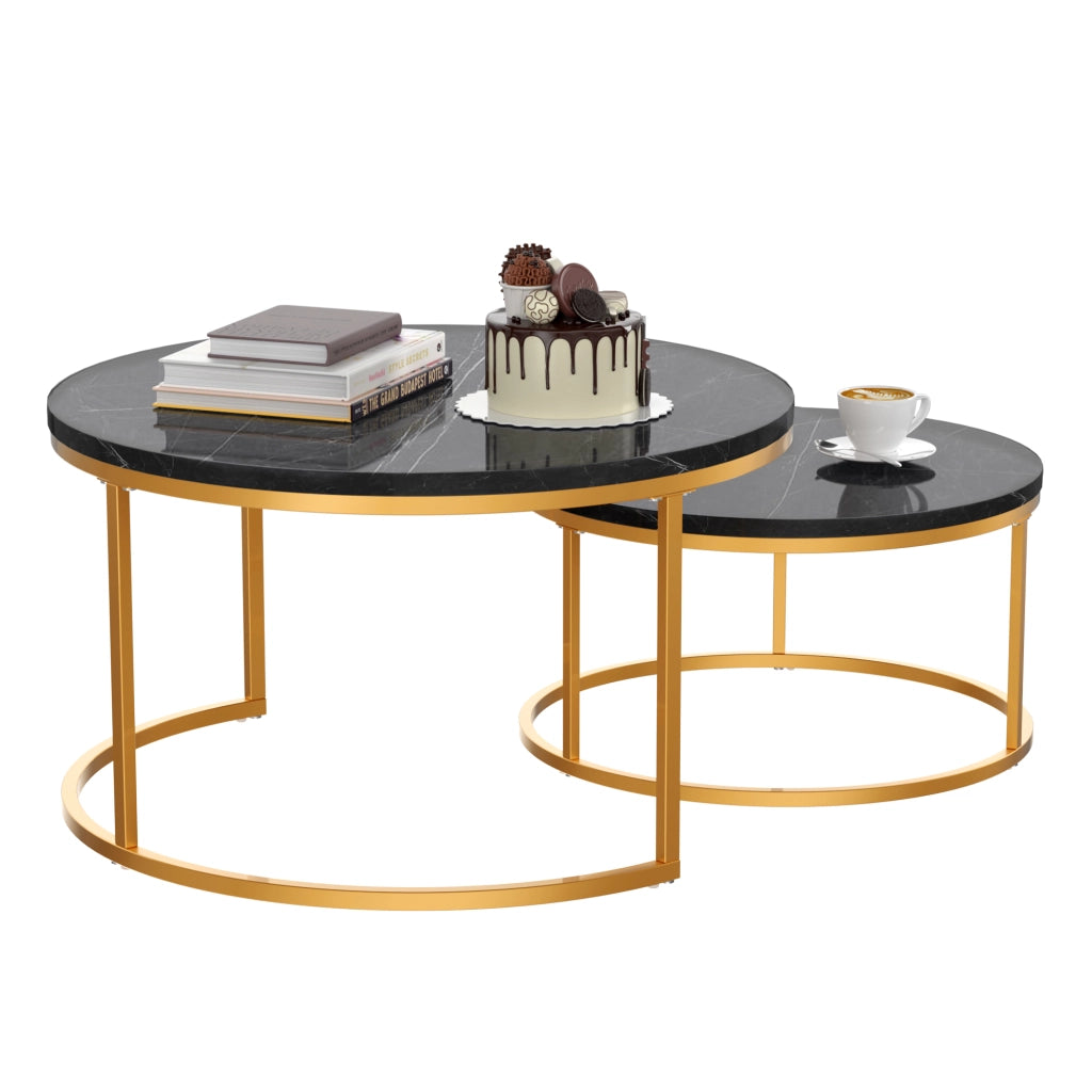 Set di 2 tavolini da salotto impilabili in MDF e metallo; tavolini ausiliari; nero e oro