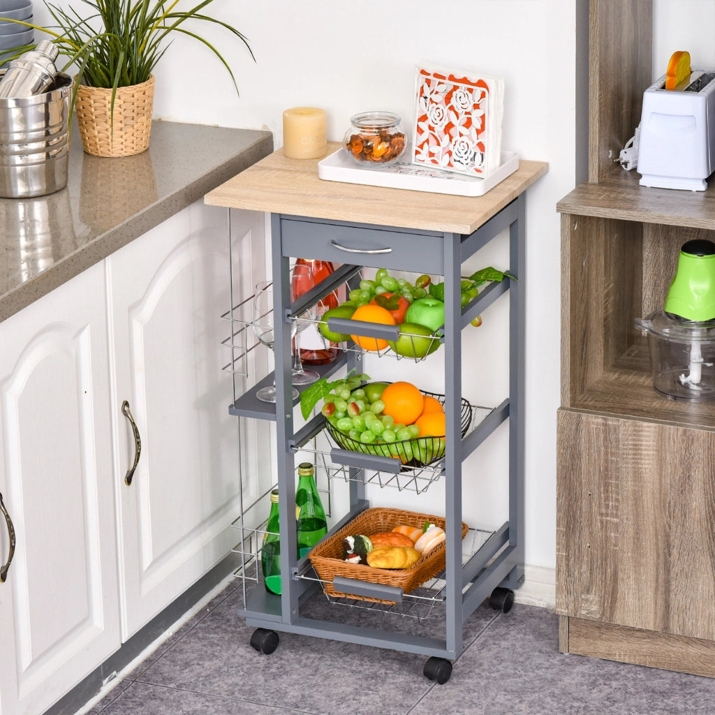 Carrello da Cucina con Cassetti e Portabottiglie ¨C zephmum ¨C Legno di Pino e Metallo 47x37x83