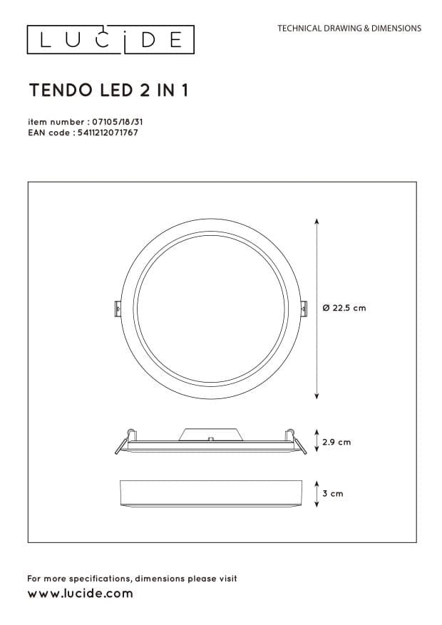 Plafoniera LED Lucide Tendo 18W 3000K bianca 22cm