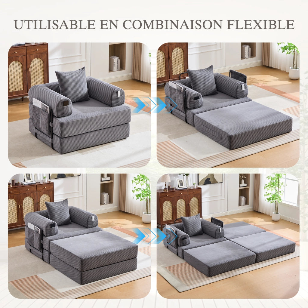 Poltrona con pouf compressa ergonomica con tasca e cuscino in velluto a coste grigio scuro 112 × 190 × 67 cm