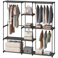 Armadio Guardaroba in Tessuto con 8 Ripiani e 3 Aste per Appendere, 182x43x185 cm, Nero