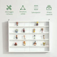 Vetrina Espositiva da Parete a 4 Ripiani Regolabili, Vetrinetta per Collezionismo, Bacheca Espositore a Muro per Oggetti da Collezione, in Vetro e Truciolato, 80x9.5x60 cm, Bianco