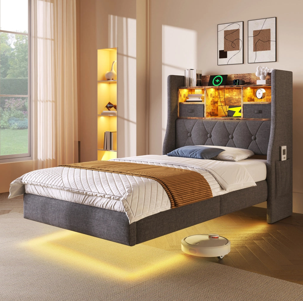 Letto singolo 90x200 cm imbottito in lino grigio con LED; testiera contenitore e porte USB